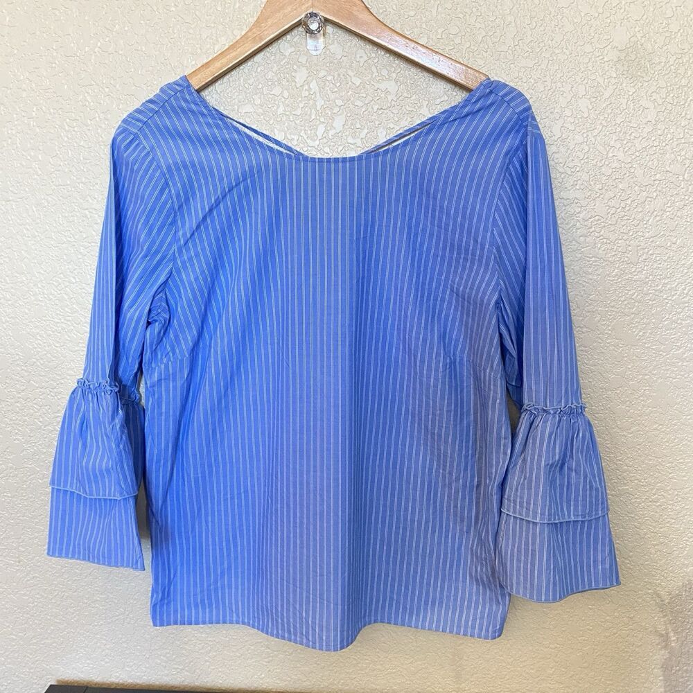 Jane and Delancey Boutique Blue‎ Pinstripe Cotton Tiered Bell Sleeve Top Medium